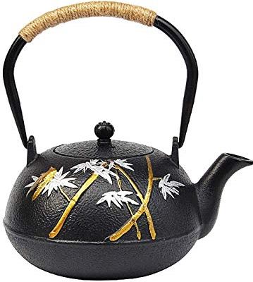 OOOFFFFFFFF Japanese-style Tea Kettle Cast Iron Teapot with Stainless Steel Infuser Cast Iron Kettle with Hemp Rope Handle 1.2L Bamboo Pattern