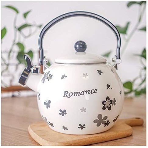 OOOFFFFFFFF Kettle Whistle Enamel Kettle Vintage Coffee Pot Water Teapot Colorful for Induction Cooker Hob Or Stove Top Cooker Gas Stoves Induction Pot White Printed Black Flower 2L (Color : White)