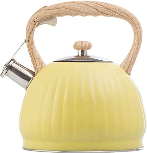 OOOFFFFFFFF Whistling Kettle Pumpkin Pattern Kettle Stainless Steel Wood Grain Anti-Scalding Teapot 3.5L Large Capacity Can Be Used for Boiling Water Brewing Tea and Coffee Brewing Milk (White) (Yellow)