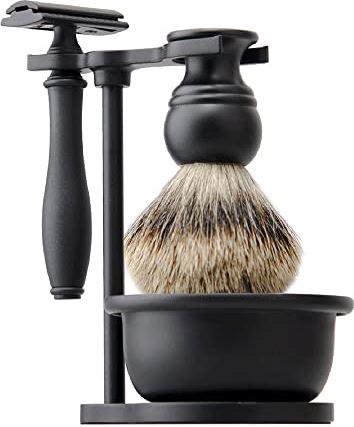 QAQQQQFGG 4 in 1 Manual Razor Care Set Alloy Beard Brush Shaving Soap Bowl Shaving Stand Razor Kit Portable Beard Brush Beauty Tool Set for Men Perfect Travel Gift (Color : Black)