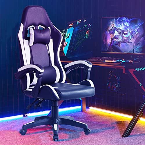 LXYFC Professionele videogamestoelen Kunstleer gamingstoel met hoge rugleuning en voetensteun 360 graden draaibare schommelstoel voor thuiskantoor (wit)