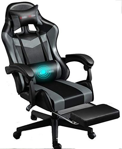 zjliudp Gaming-bureaustoel met hoge rugmassage, PU-leer ergonomische draaibare recliner-verstelbaar massage-lumbale kussen, voor thuis/vergaderruimte/studeerkamer (zwartgrijs)