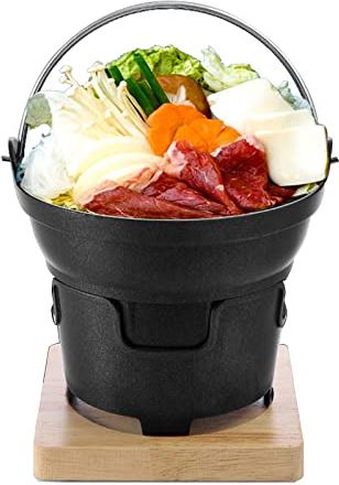 ZHIRZEKE Japanse Single Shabu Shabu Pot Hot Pot Gietijzeren Sukiyaki Hot Pot Braadpan Met Houten Deksel, Fornuis En Houten Dienblad,20cm