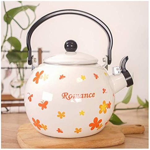 OOOFFFFFFFF Kettle Enamel Kettle White Kitchen 2L Pot Teapot Induction-Safe Whistling Stovetop Induction Cooker Whistle Kettle Large Capacity Household Romantic Print (Blue) (Yellow)