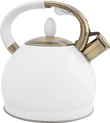 OOOFFFFFFFF 3l Large White Tea Kettle for Stove Top Whistling Stainless Steel Teapot Ergonomic Electroplated Bronze Handle Tea Kettle (White)