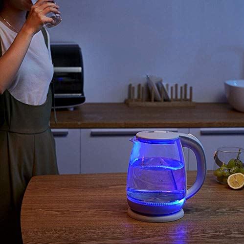 MRTYU-UY Waterkoker van verlicht glas, Eco-waterkoker van 1,8 l met automatische uitschakeling en droogkookbeveiliging, Bpa-vrij draadloos heet