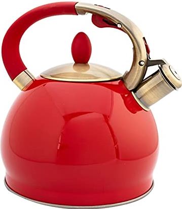OOOFFFFFFFF 3L Red Stainless Steel Surgery Tea Kettle for Stove Top Large Capacity Whistling Tea Kettle Ergonomic Bronze Handle teapot