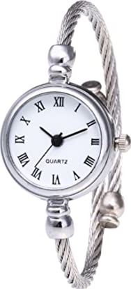 Hainice Vrouwen zilveren kabel witte wijzerplaat analoge quartz armband horloge met metalen band manchet armband horloge mode dagelijkse polshorloges voor meisjes vrouwen Romeinse cijfers, vrouwen polshorloge