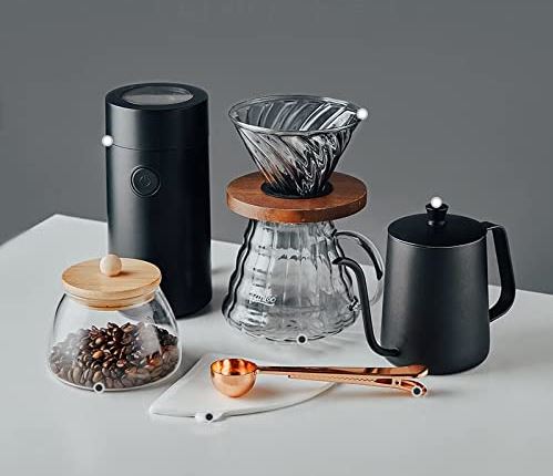 RSTJ-Sjaop Overgietkoffiezetapparaat Kit | Kit bevat 21 oz zwanenhals waterkoker, koffiemolen en 18 oz koffie sealer | Geweldig alternatief voor een koffiezetapparaat,Set l