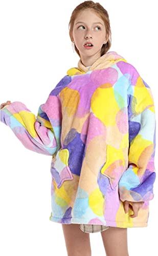 Niktule Draagbare deken voor kinderen, kleurrijke warme deken, sweatshirt, oversized capuchontrui met mouwen en zakken, eenheidsmaat voor kleine meisjes, jongens