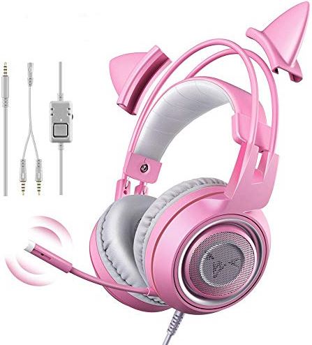 YYR Wired Headset, Pink Cat Ear Headset, microfoon 3.5mm, verwart Vrij Cord, met ruisonderdrukking, volumeregeling voor PC, MAC, PS4, Xbox One
