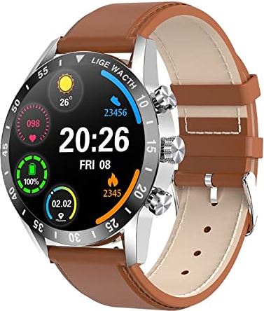 CHYAJIG Slimme Horloge High-definition Bluetooth Call Smart Watch Men Full Touch Waterproof Sports Fitness Watch Luxury Smart Watch Men IOS Android (Color : Belt brown)