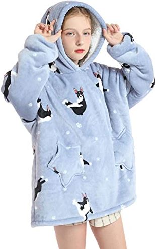 Niktule Draagbare deken voor kinderen, omkeerbare pluche oversized sweatshirt deken, Fuzzy warme deken, hoodie sweatshirt met mouwen en zak, voor kinderen en peuters 7-13 jaar