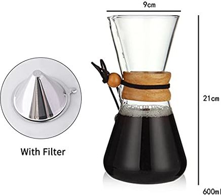 YINWEI Klassiek koffiezetapparaat giet over het koffiezetapparaat Glas koffiezetapparaat met houten handvat Pot filter roestvrij stalen drainer handleiding (Colore : 600ml with filter)