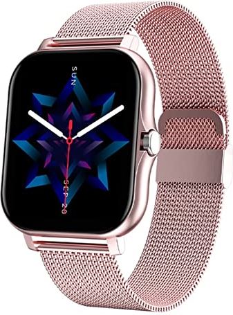 CHYAJIG Slimme Horloge Bluetooth Call Smart Watch Womenfull Touch Screen Sports Fitness horloge Bluetooth is geschikt for Android iOS SmartWatch (Color : Mesh belt pink)