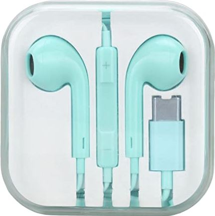 Tenpac USB C-hoofdtelefoon/Type C-oortelefoon, In-ear Bekabeld Type C-oortelefoon met Microfoon en Volumeregeling Stereo Ruisonderdrukkende Oordopjes Headset voor Werk Studeren Fitness Klimrit(blauw groen)