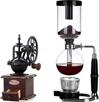 THGJACH Tafelblad glazen sifon koffiezetapparaat Sifon koffiezetapparaat en handmatige koffiemolen voor het zetten van koffie en thee, 3 kopjes (Color : A, Size : 13 * 36.5cm+11.3 * 11.3 * 24cm)