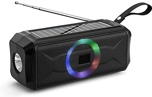 Sogagaa Solar Bluetooth-luidspreker met zaklantaarn, buitensport Draagbare FM-radio, Bluetooth 5.0 Geen LAG-luidspreker met kleurrijke ritme-verlichting,zwart