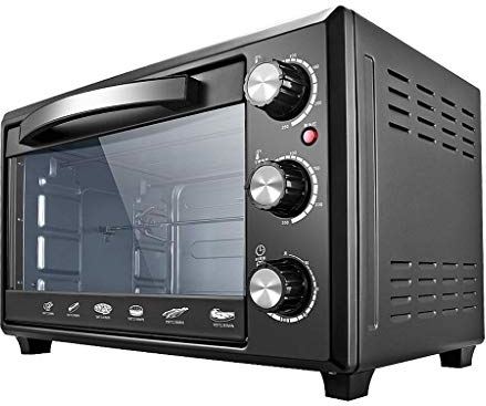 MXXHFC 28L Mini Oven Instelbare Temperatuur 100-250 ? en 60 Minuten Timer 3 Verwarmingsmethoden Huishouden Multifunctioneel 360; Roterende vork Elektrische oven Gehard glazen deur met accessoires 1600W