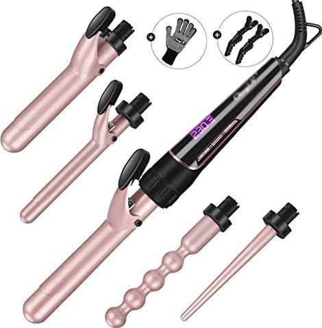 Lincheer 5 in 1 Ceramic Hair Curler Curling Iron Wand Roller Set Interchangeable Barrels Curls Wave + Heat Resistant Glove Styling Tool