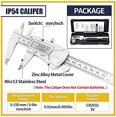XWJSKJ Digitale remklauw/micrometer Meetgereedschap, 6-inch / 150 mm roestvrij staal Vernier remklauw, met groot LCD-scherm, inch/metrische conversie (Color : Box IP54 Caliper)