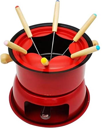 TIZZY Red Steel Fondue Pot Set Cheese Chocolate Fondue 6 Dipping Forks and Removable Pot Melts Candy Sauce Dip