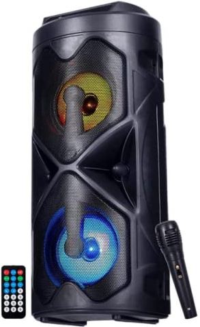 NK Mini-Tower draagbare vloerluidspreker, mini-toren, bluetooth, 10 W, draadloos, led-verlichting, afstandsbediening, USB/AUX/FM, karaoke-modus (geïntegreerde microfoon) (gereviseerd)