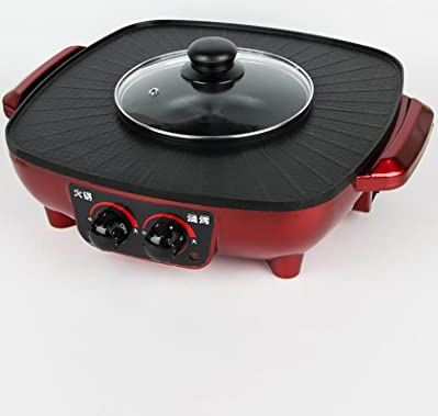 YNB 2 in 1 Elektrische Grill En Hot Pot 1600W Teppanyaki Grill Dual Temp Control Rookloze BBQ Geïntegreerde Fornuis Pan Voor Thuis Koken,Rood