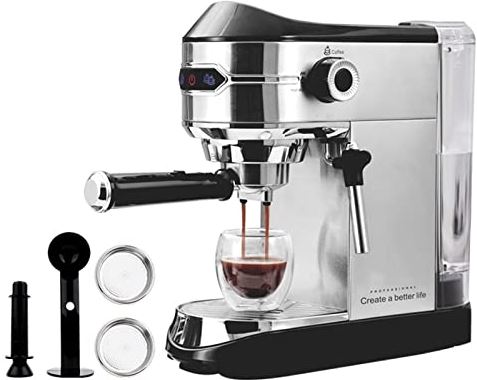 CHUANGRUN Espresso-koffiezetapparaat met melkopschuimer, koffiezetapparaat voor snelle opwarming, 15 bar, geborsteld roestvrij staal, met afneembaar waterreservoir van 1 l voor espresso