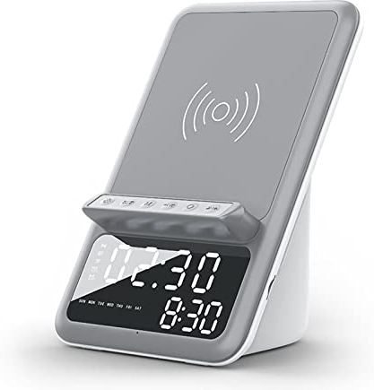 Sogagaa Klok Bluetooth-luidspreker Mobiele Telefoon Draadloos opladen, Bluetooth 5.1 Wireless Speaker, Digital Display, One-Key Hands-Free Call, 1200mAh batterij,Wit