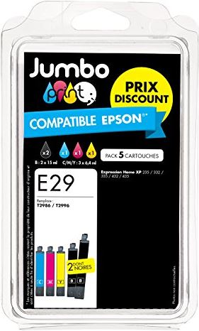 Jumbo PRINT E29 inktpatronen, compatibel met Epson-printers, zwart/cyaan/magenta/geel, 5 stuks