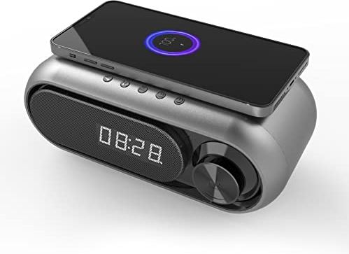 Sogagaa Draadloze opladen Bluetooth-luidspreker, draadloze oplader, Bluetooth-luidsprekerklok LED-wekker, TF-kaart afspelen, FM-radiofunctie, grijs
