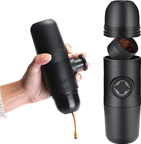 FHKBB espresso koffiezetapparaat, draagbare mini capsule handpers koffiezetapparaat, handmatige handheld espresso koffiezetapparaat voor auto reizen thuiskantoor, zwart