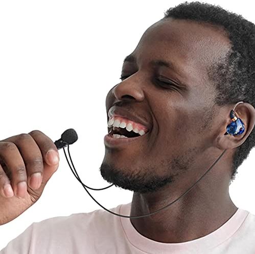 Dimweca In-ear hoofdtelefoon, bekabelde koptelefoon met verbeterde ruisonderdrukkingsmicrofoon, in-ear oortelefoon met over-ear haak, blauw, zwart, rood
