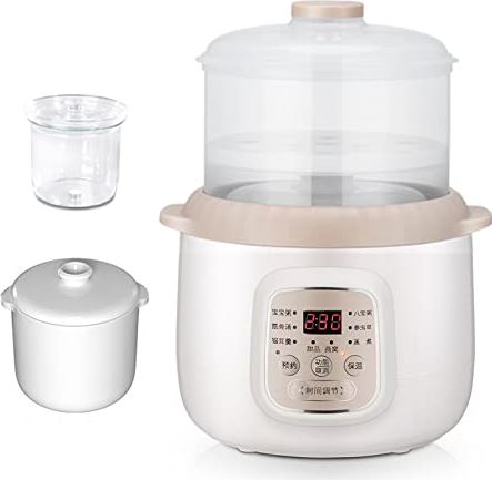 HMTE Elektrische kookpan 1 L keramische voering slowcooker, huishoudelijke kookpot met 24-uurs slimme afspraakfunctie voor kleine gezinnen, wit + B (wit + b)