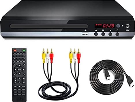 RUIZHI DVD-speler voor tv, dvd-speler HD 1080p ondersteunt CD/CD-R/CD-RW/CD-Video/SVCD/DVD/VCD/DivX, DVD-speler met afstandsbediening, AV-kabel, HDMI-kabel
