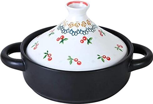 rgyasessss 7.9 Inches White Flower Painted Moroccan Pot Clay Ceramics Casseroles Slow Cooker with Anti-Scalding Handle Easy to Clean