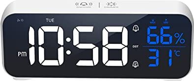SEFAX Digitale wekker klok - met binnen thermometer for temperatuur en vochtigheid sluimerende functie, intelligente spraakregeling - perfecte kantoorklok of nachtklokklok (Color : White)