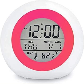 ERTDYJNAFGHMM Kids Digital Alarm Clock 7 Color Night Light Snooze Temperature Detect Children Sleep Bedside Cute Wake up Timer Alarm Clock (Color : Red) (Red)