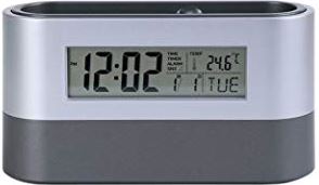 TYPIS Multifunctionele Digitale Snooze Wekker Met Penhouder Kalender Temperatuur Display in Grijze Kleur