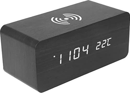 Jrechio Spraakregeling houten alarmklok temperatuurdatum LED Schermweergave Digitale moderne wekker (kleur: zwart) zhengqiang (Color : Black)
