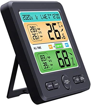 Jinyank Binnentemperatuur Vochtigheidsmeter Digitale Wekker met Comfort Indicator en Groot LED Scherm voor Thuis, Kantoor, Kas, Kamer (zwart)