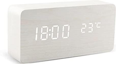 Spacmirrors Alarm Clock Wooden Watch Table Voice Control Digital Wood Powered Electronic Desktop Clocks
