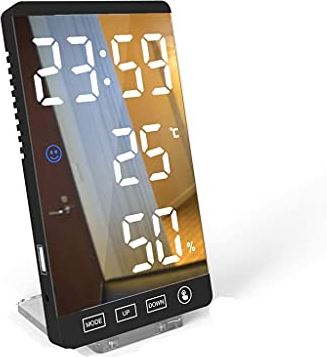FMOGGE 6 Inch Led Spiegel Wekker Touch Button Muur Digitale Klok Tijd Temperatuur Vochtigheid Display Usb-Uitgang Tafelklok: