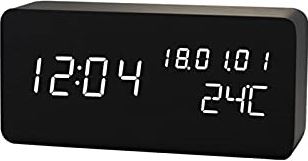 zinhsq Digitale wekker, met houten elektronische LED-time display, vochtigheid en temperatuur detecteren, houtgemaakte elektrische klokken voor slaapkamer, nachtkastje, zwart