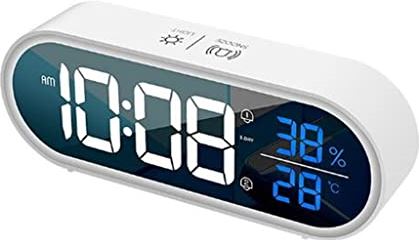 ERTDYJNAFGHMM Music Electronic Alarm Clock 2 Alarm Snooze Temp Humidity Voice Control Digital LED Clock Table Clock for Living Room (Color : White) (White)