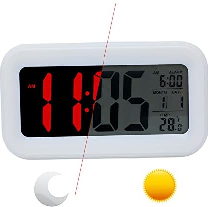 Sraeriot Digital Alarm Clock Smart Night Light LCD Clocks Battery bediende kinderklok met snooze temperatuur (geen batterij) witte cijfer timer