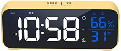 SEFAX Digitale wekker klok - met binnen thermometer for temperatuur en vochtigheid sluimerende functie, intelligente spraakregeling - perfecte kantoorklok of nachtklokklok (Color : Yellow)