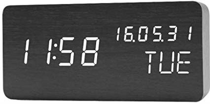 TOMYEUS tafelklok Voice Control Cuboid wekker Retro Wood LED Digital Desktop Clock Alarm Thermometer Timer Decoratie Bureauklok (Color : A)