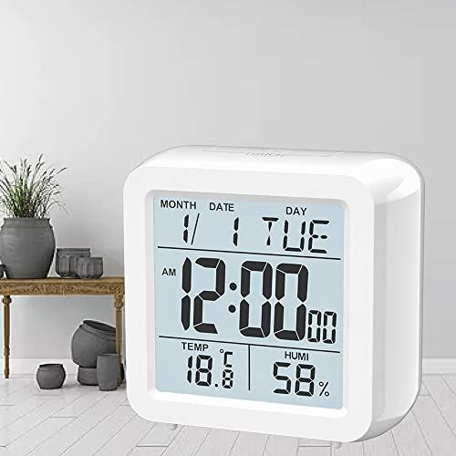 YHUA Tafel wekker digitaal met grote cijfers indoor kamertemperatuur vochtigheid for thuis slaapkamer kantoor kubus (Color : White)